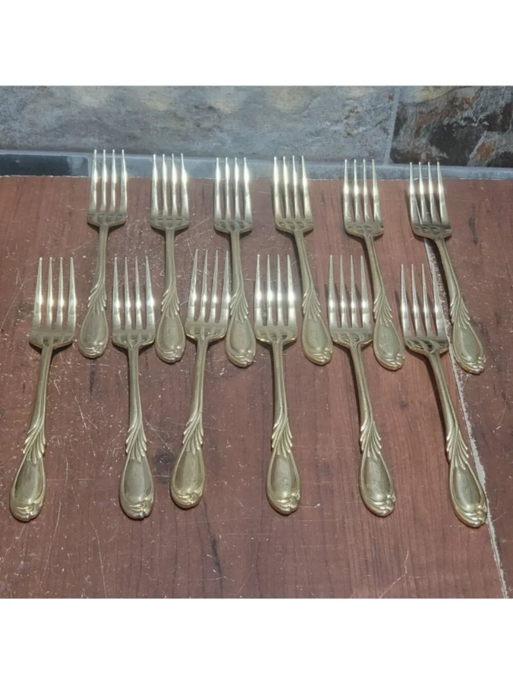 36 Piece Classic Plume Gold Electroplated Flatware Marked Stainless Steel Korea